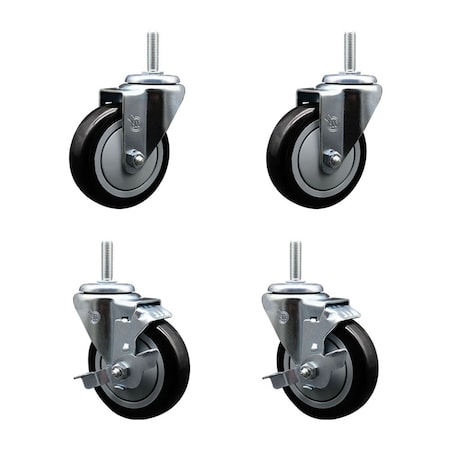 Service Caster 4 Inch Black Polyurethane Wheel Swivel 34 Inch Threaded Stem Caster Set 2 Brakes SCC SCC-TS20S414-PPUB-BLK-34212-2-TLB-2